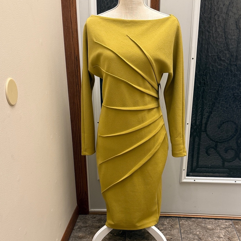 Chic Mustard Draped Long Sleeve Dress